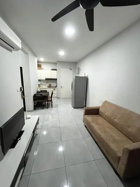 Living features: grey tiled flooring, white painted walls, 5-blade ceiling fan, wall-mounted TV, light-colored fabric sofa, TV console, refrigerator, dining table with chairs, air conditioning unit; style: modern. Kitchen features: white cabinetry, stainless-steel refrigerator, open layout to living area; style: modern.