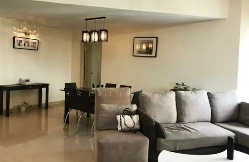 Living features: L-shape sectional sofa in grey, cream painted walls, marble tile flooring, recessed downlights, decorative wall art, coffee table, area rug, floor-to-ceiling windows, dining table with chairs, side table, houseplants in ceramic pots; style: modern.