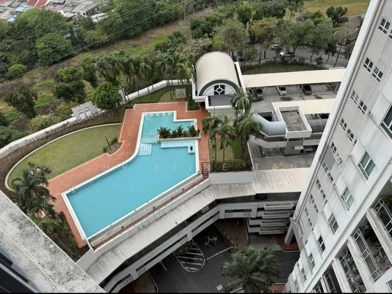 Exterior type: high-rise condominium; features: infinity pool, swimming pool deck, landscaped garden with palm trees, manicured lawn, covered parking area, outdoor seating area, surrounding greenery, modern architectural design; style: modern.
