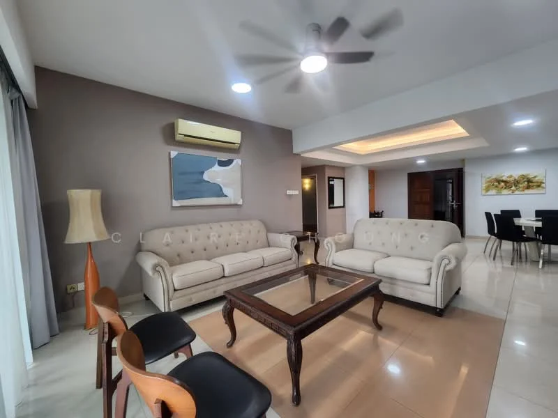 Living features: 3-seater cream leather sofa, 2-seater cream leather sofa, glass coffee table with wooden legs, ceiling fan with integrated LED light, wall-mounted air conditioning unit, recessed ceiling lights, cream painted walls, marble tile flooring, decorative wall art, floor-to-ceiling windows with sheer curtains; style: modern.