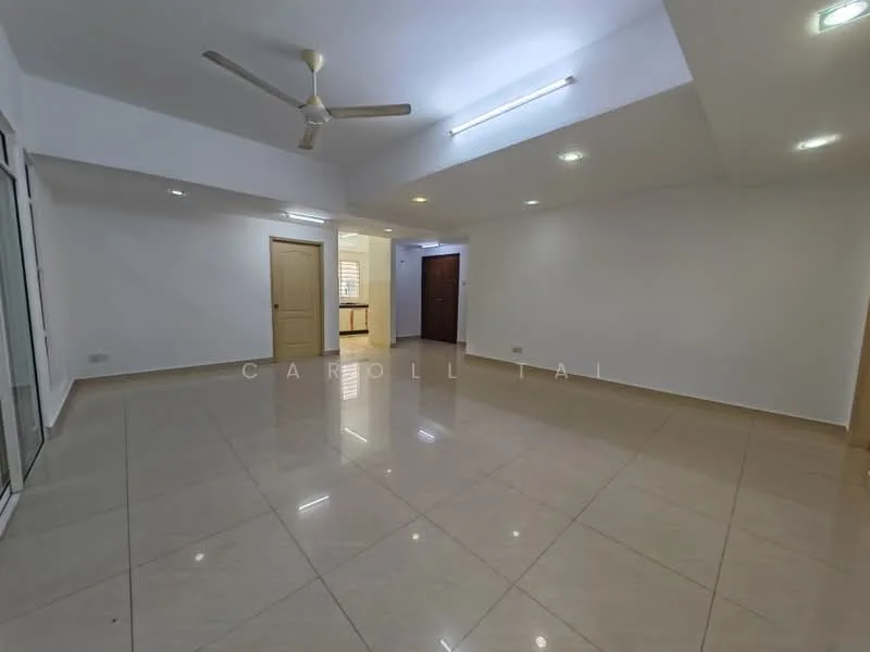 Living features: white painted walls, polished ceramic tile flooring, 5-blade ceiling fan, recessed downlights, sliding glass door, floor-to-ceiling windows, neutral color scheme, open layout; style: modern.