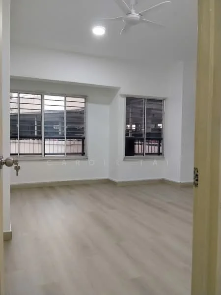 Room features: white painted walls, laminate flooring, 5-blade ceiling fan, floor-to-ceiling windows, window treatments, neutral color scheme, natural light from windows; style: modern; view: city.