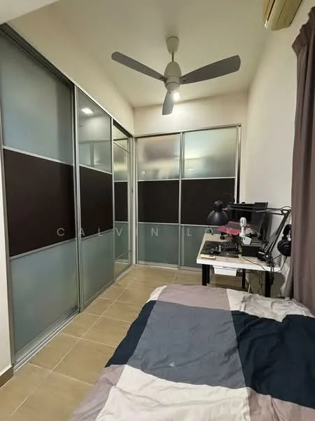 Bedroom features: ceiling fan, built-in wardrobe with sliding doors, desk with computer setup, bed with bedding in neutral colors, tile flooring, window with sheer curtains, wall-mounted light, neutral wall color; style: modern.