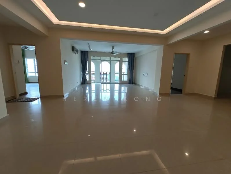Living features: polished ceramic tile flooring, white painted walls, recessed ceiling with LED lighting, floor-to-ceiling windows, sliding glass door, curtains, ceiling fan, open layout; style: modern; view: city. Room features: white painted walls, doorway to adjacent rooms.