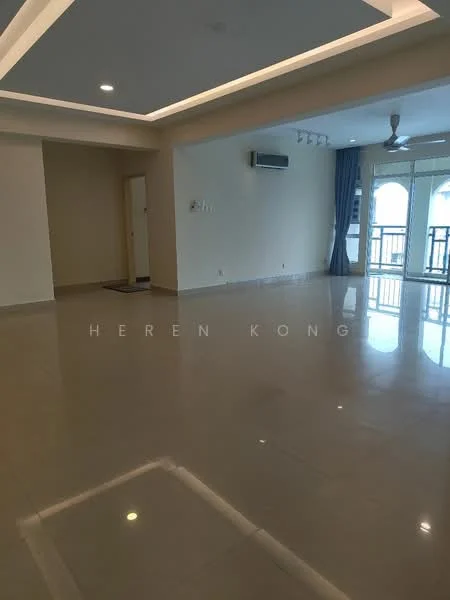 Living features: cream painted walls, polished ceramic tile flooring, recessed downlights, 5-blade ceiling fan, floor-to-ceiling windows, sliding glass door, curtains, air conditioning unit; style: modern; view: city.