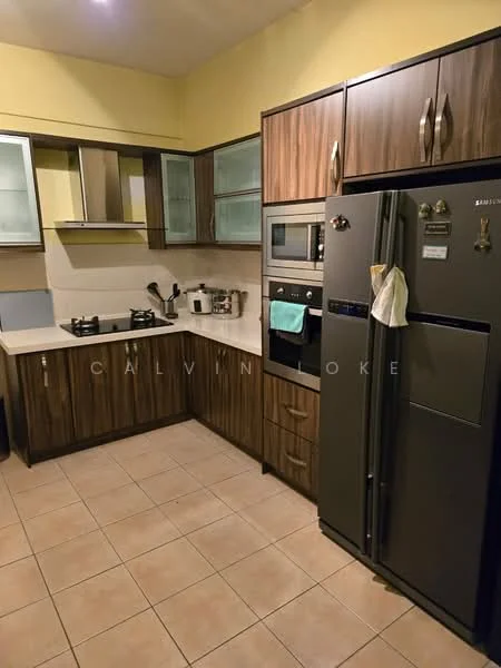 Kitchen features: L-shaped kitchen layout, brown wooden cabinetry, glass-front upper cabinets, white countertop, stainless-steel double-bowl sink, chrome pull-down faucet, built-in oven, 4-burner gas hob, stainless-steel range hood, black stainless-steel fridge, tile flooring, wall-mounted microwave, kitchen utensils on countertop, light fixture on ceiling; style: modern.