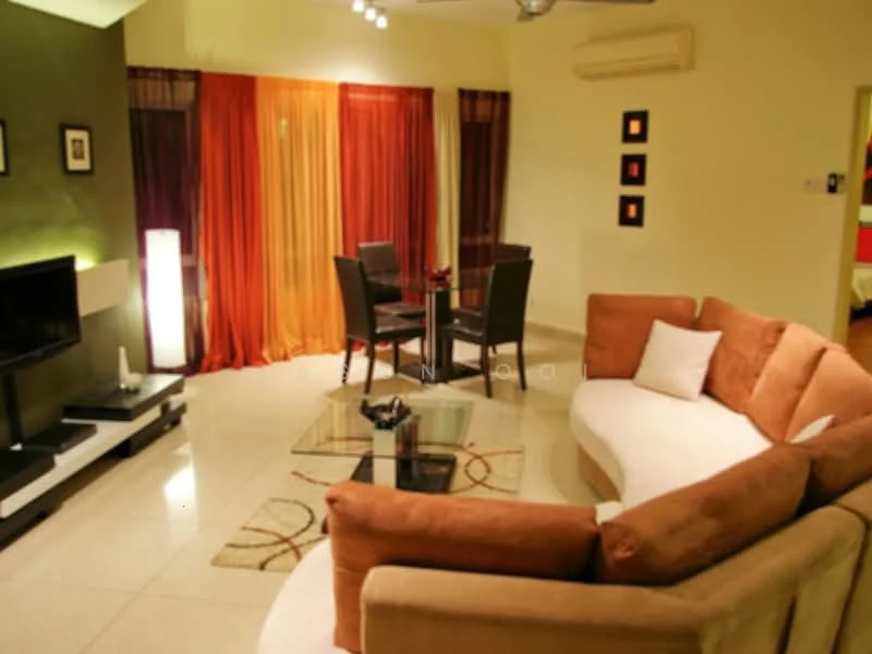 Living features: curved sectional sofa in beige with orange cushions, glass coffee table, wall-mounted TV, black TV console, 5-blade ceiling fan, recessed lighting, cream painted walls, tile flooring, dining table with four black chairs, floor-to-ceiling curtains in orange and purple, decorative wall art, area rug with geometric pattern; style: modern.