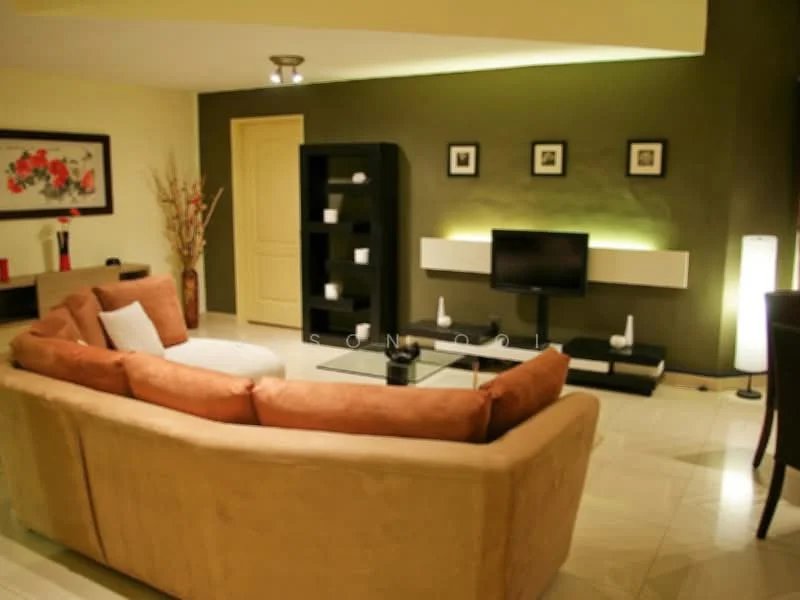 Living features: L-shape sectional sofa in beige, coffee table with black surface, wall-mounted TV, black shelving unit, decorative vases, framed artwork on wall, floor lamp, recessed ceiling lights, cream walls, dark green accent wall, marble tile flooring; style: modern.
