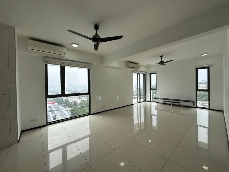 Living features: white painted walls, polished ceramic tile flooring, 2 wall-mounted split AC units, 2 ceiling fans, floor-to-ceiling windows, black window frames, sliding glass door, TV console, natural light from windows, city view; style: modern; view: city.