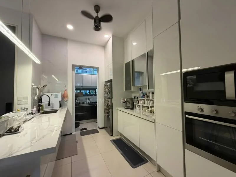 Kitchen features: white glossy cabinetry, marble backsplash, stainless-steel appliances, built-in oven, microwave, double-bowl stainless-steel sink, chrome pull-down faucet, countertop with overhang for seating, pendant lighting, 5-blade ceiling fan, tile flooring, refrigerator, open shelving, glass-front upper cabinets; style: modern.