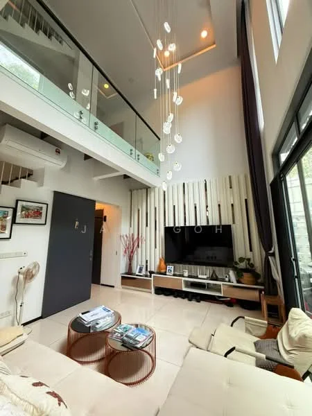 Living features: white painted walls, high ceiling, recessed downlights, chandelier with hanging lights, large windows, floor-to-ceiling windows, light-colored tiled flooring, TV console with wall-mounted TV, decorative wall paneling, sofa with cream upholstery, coffee table, decorative plants, air conditioning unit, open staircase with glass railing; style: modern; view: garden.