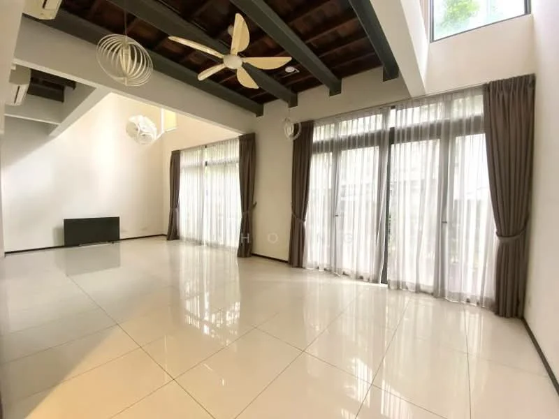Living features: white painted walls, polished ceramic tile flooring, exposed wooden beams on ceiling, 5-blade ceiling fan with light, floor-to-ceiling windows, sheer curtains, dark wood feature wall, natural light from windows; style: modern; view: garden.