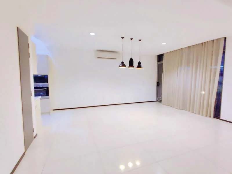 Living features: white painted walls, glossy white tile flooring, recessed downlights, 3 pendant lamps, floor-to-ceiling windows with sheer curtains, wall-mounted split AC; style: modern.