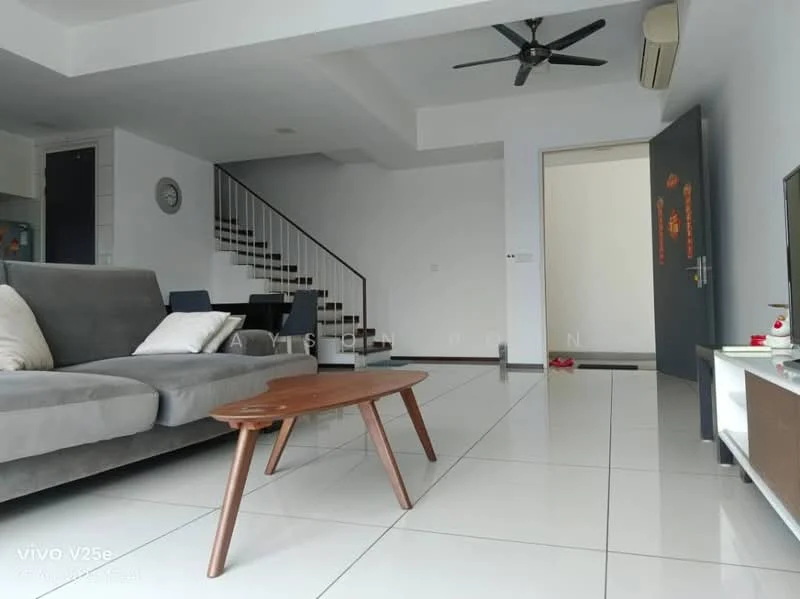 Living features: grey fabric sofa, wooden coffee table, white tiled flooring, ceiling fan, wall-mounted TV, decorative wall clock, open staircase, air conditioning unit, neutral painted walls, sliding door to hallway; style: modern.