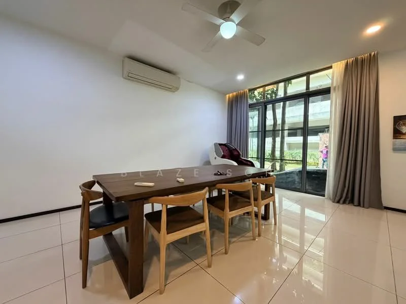 Dining features: dining table with wooden surface, 6 dining chairs, white painted walls, large windows with sheer curtains, floor-to-ceiling windows, marble tile flooring, 1 wall-mounted split AC, ceiling fan with light, decorative wall art; style: modern; view: garden.