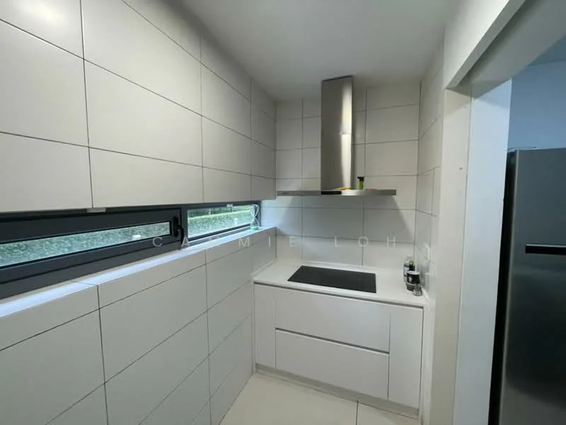 Kitchen features: white cabinetry, white countertop, built-in induction cooktop, stainless-steel range hood, grey tiled backsplash, large windows for natural light, recessed lighting, modern faucet, integrated appliances, minimalist design; style: modern.