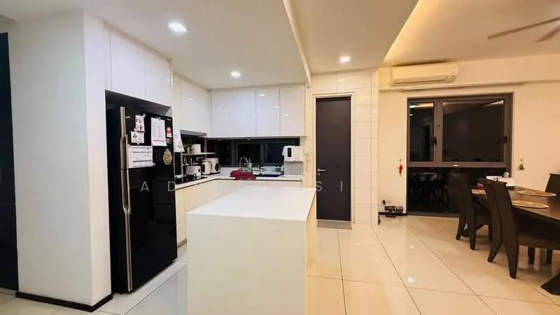 Kitchen features: white glossy cabinetry, black stainless-steel fridge, white kitchen island, ceramic tile flooring, recessed LED downlights, window with city view, built-in microwave, sink, chrome pull-down faucet, open layout, countertop with overhang for seating, wall-mounted split AC; style: modern; view: city.