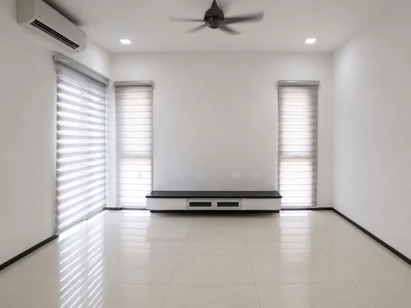 Living features: white painted walls, glossy ceramic tile flooring, 5-blade ceiling fan, floor-to-ceiling windows, roller blinds, built-in TV console, recessed LED downlights, air conditioning unit; style: modern.