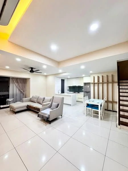 Living features: large beige sectional sofa, white dining table with blue chairs, white cabinetry, black appliances, marble tile flooring, recessed downlights, 5-blade ceiling fan, floor-to-ceiling windows with sheer curtains, open layout, neutral wall color, wooden feature wall, staircase in background; style: modern.