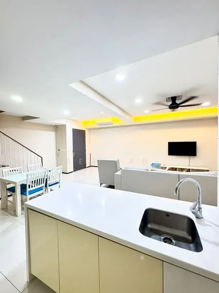 Kitchen features: white quartz countertop, single-bowl stainless-steel sink, chrome pull-down faucet, white cabinetry, recessed downlights, 5-blade ceiling fan with light, open layout to living area, tile flooring, wall-mounted TV, sofa in living area, dining table with white chairs; style: modern.