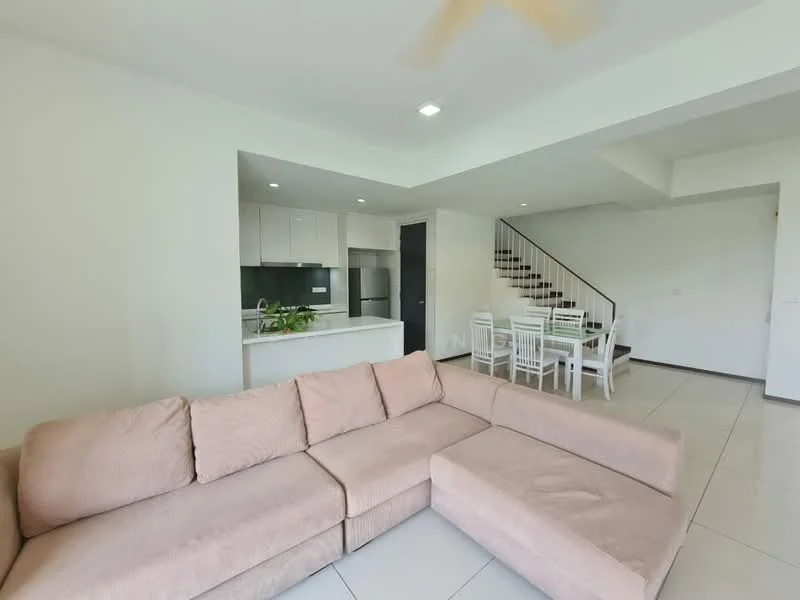 Living features: L-shape sectional sofa in light beige, white painted walls, tile flooring, ceiling fan, recessed downlights, open layout, large windows, plant decoration; style: modern. Dining features: 6-seater dining table in white, white dining chairs, open layout, tile flooring; style: modern. Kitchen features: white cabinetry, black countertop, built-in oven, stainless-steel sink, stainless-steel appliances, open layout; style: modern.