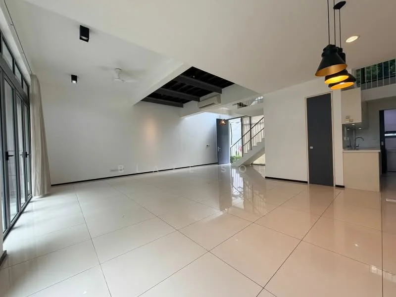 Living features: white painted walls, black ceiling with exposed beams, polished ceramic tile flooring, 5-blade ceiling fan with light, large floor-to-ceiling windows, sliding glass door, recessed LED downlights, pendant lighting, open layout, neutral curtains; style: modern. Kitchen features: kitchen island, built-in cabinetry, stainless-steel appliances, open layout to living area; style: modern.