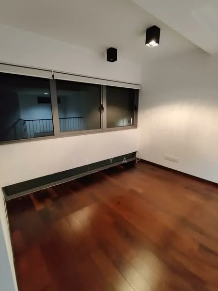 Room features: dark wood flooring, white painted walls, large windows, roller blinds, recessed downlights, wall-mounted lighting, open space layout; style: modern.