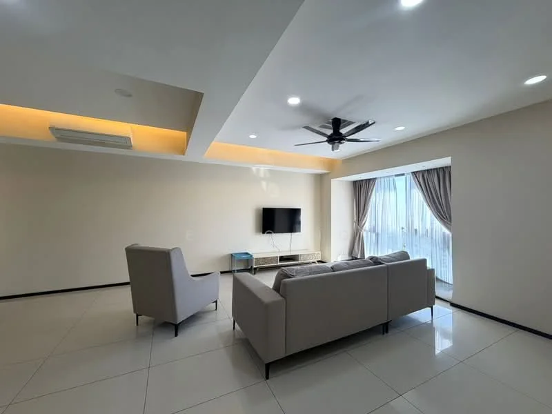 Living features: 5-blade ceiling fan with light, recessed downlights, cream painted walls, white ceiling with tray ceiling, large floor-to-ceiling windows, curtains, light-colored sofa, TV mounted on wall, glass coffee table, tile flooring; style: modern; view: city.