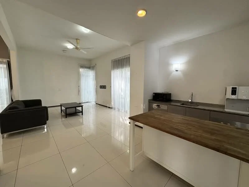 Living features: white painted walls, glossy tile flooring, 5-blade ceiling fan with light, sofa in dark grey fabric, coffee table in black, floor-to-ceiling windows with sheer curtains, sliding glass door, recessed lighting; style: modern; view: garden. Kitchen features: white cabinetry, wooden countertop, stainless-steel sink, chrome pull-down faucet, built-in microwave, freestanding range oven, refrigerator, open shelving; style: modern.