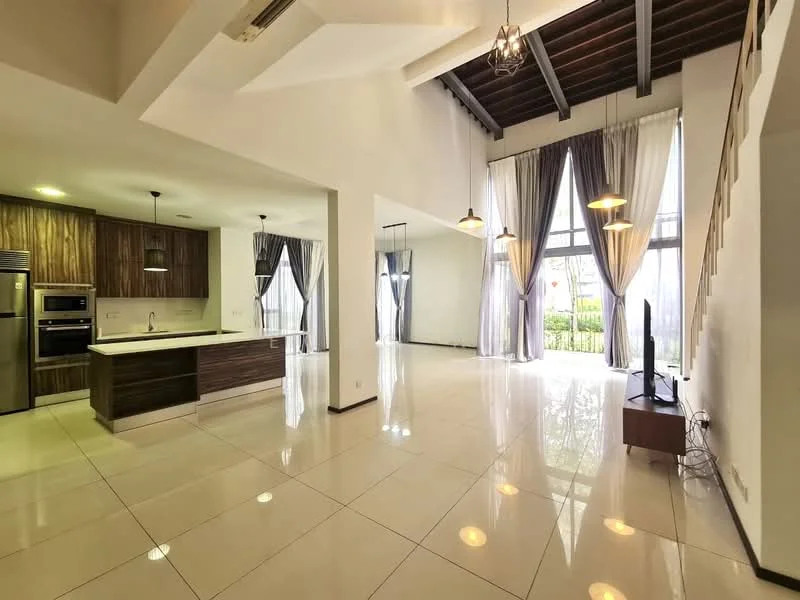 Living features: white painted walls, high ceiling with exposed beams, large floor-to-ceiling windows, grey curtains, polished ceramic tile flooring, recessed LED downlights, pendant lights, TV console, open-plan layout with kitchen, sliding glass door leading to outdoor area; style: modern; view: garden. Kitchen features: wood cabinetry, white countertop, built-in oven, stainless-steel fridge, 4-burner gas hob, single-bowl stainless-steel sink, chrome pull-down faucet, open shelving, pendant lighting; style: modern.