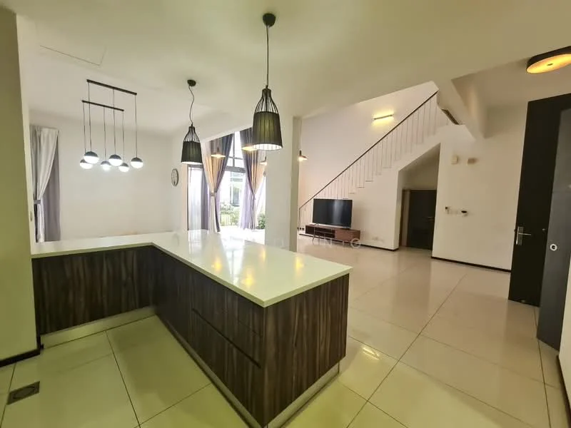 Kitchen features: island countertop with white surface, dark wood cabinetry, pendant lighting with three bulbs, stainless-steel sink, built-in appliances, ceramic tile flooring, open layout to living area; style: modern. Living features: wall-mounted TV, large windows with sheer curtains, white walls, recessed lighting, tile flooring, staircase leading to upper floor; style: modern.