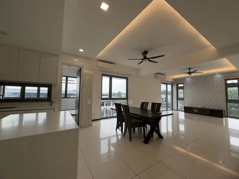 Living features: white painted walls, recessed ceiling with LED strip lighting, floor-to-ceiling windows, sliding glass door, marble tile flooring, 5-blade ceiling fan, dining table with 6 chairs, TV console, decorative wall with wallpaper, built-in cabinetry, open layout to kitchen; style: modern; view: city. Kitchen features: white cabinetry, granite countertop, stainless-steel sink, built-in oven, freestanding range oven, microwave, open layout to living area; style: modern.
