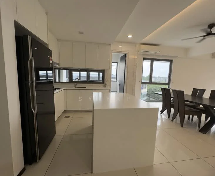 Kitchen features: black stainless-steel fridge, white quartz countertop, kitchen island with seating, white cabinetry with flat-panel doors, built-in oven, ceramic tile flooring, recessed downlights, floor-to-ceiling windows, open layout to dining area, ceiling fan; style: modern; view: city. Dining features: 6-seater dining table, upholstered dining chairs, large windows, ceramic tile flooring; style: modern; view: city.