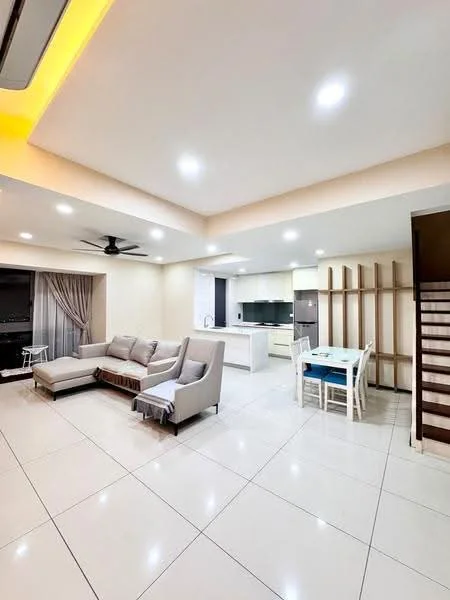 Living features: 3-seater fabric sofa in light grey, coffee table, floor-to-ceiling windows, curtains, 5-blade ceiling fan with light, recessed downlights, white painted walls, polished ceramic tile flooring, open-plan layout to kitchen, wall-mounted TV, decorative wall paneling, dining table with chairs; style: modern; view: city. Kitchen features: white cabinetry, stainless-steel appliances, kitchen island, quartz countertop, built-in oven, freestanding range oven, double-bowl stainless-steel sink, chrome pull-down faucet, backlit cabinetry; style: modern.
