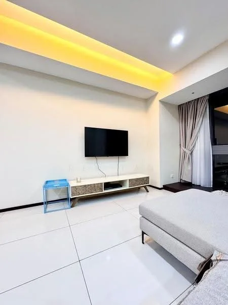 Living features: white painted walls, recessed ceiling with LED strip lighting, large wall-mounted TV, light-colored sofa, light-colored coffee table, floor-to-ceiling windows, sheer curtains, tile flooring; style: modern.