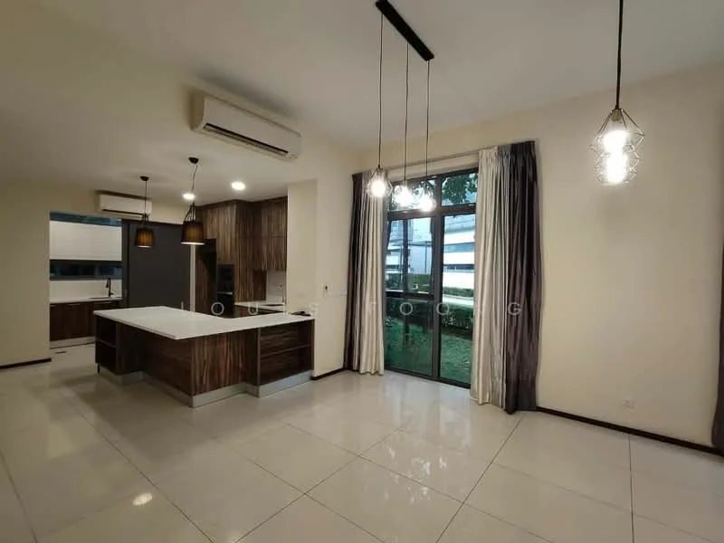 Kitchen features: island countertop with seating, stainless-steel sink, chrome pull-down faucet, built-in oven, freestanding range oven, stainless-steel range hood, wood cabinetry, white tiled backsplash, recessed downlights, 3-blade ceiling fan, floor-to-ceiling windows, sliding glass door, white walls, cream tiled flooring; style: modern; view: garden.