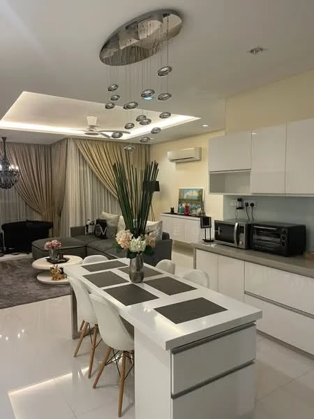 Living features: white painted walls, recessed ceiling with integrated LED lights, 5-blade ceiling fan with light, chandelier, floor-to-ceiling windows with sheer curtains, grey area rug, black fabric sofa, coffee table, TV console, wall-mounted TV, decorative plants in ceramic pots, dining table with white chairs, kitchen island with storage, stainless-steel microwave, stainless-steel toaster; style: modern.