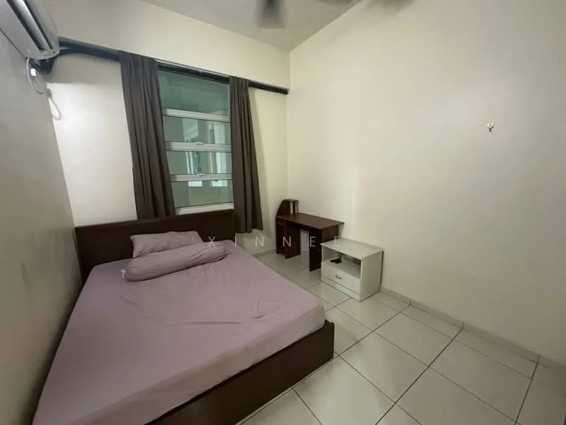 Bedroom features: queen-size bed with purple bedding, wooden bed frame, study desk, white bedside table, floor-to-ceiling window, curtains, wall-mounted air conditioning unit, tiled flooring, light-colored painted walls, ceiling fan.