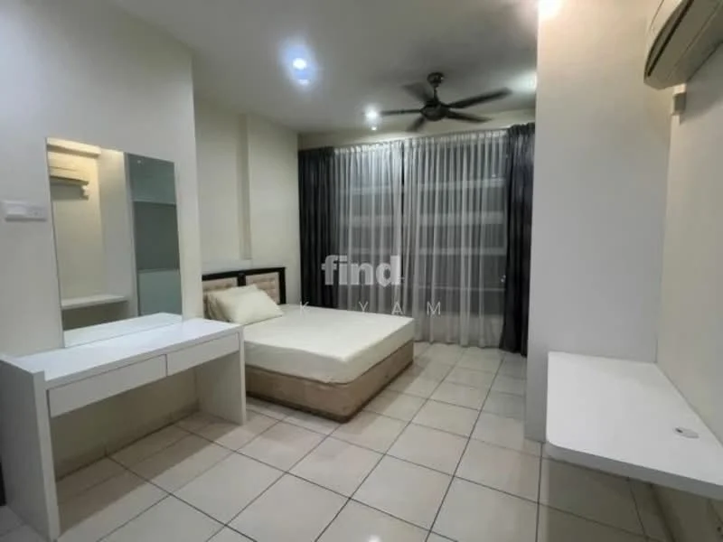 Bedroom features: queen-size bed, upholstered headboard, white bedding, built-in wardrobe, study desk, white desk with drawers, floor-to-ceiling windows, sheer curtains, ceiling fan with light, wall-mounted air conditioning unit, glossy tiled flooring, neutral wall color, decorative mirror; style: modern.