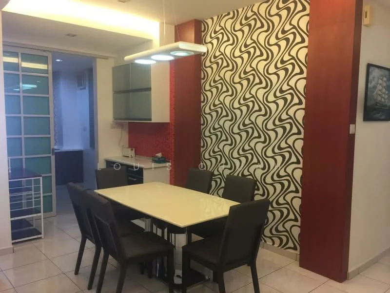 Dining features: white dining table, 6 upholstered dining chairs in dark brown, pendant light fixture, decorative feature wall with wavy pattern, cream tiled flooring, built-in cabinetry with grey doors, kitchen area visible in background, open layout to adjacent room; style: modern.