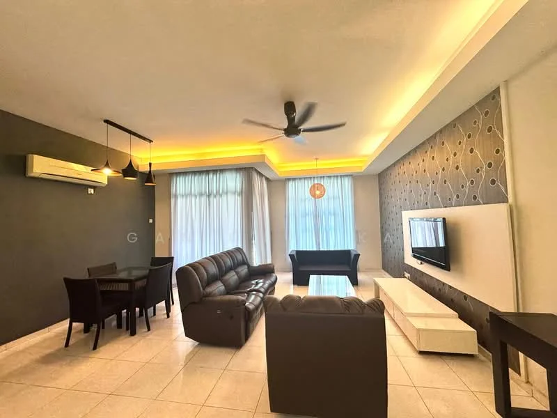 Living features: 3-seater leather sofa in dark brown, 2-seater leather sofa in dark brown, coffee table, wall-mounted TV, feature wall with decorative pattern, recessed downlights, 5-blade ceiling fan, dining table for 4, floor-to-ceiling windows with sheer curtains, white TV console, cream tiled flooring, air conditioning unit on wall, decorative pendant light; style: modern.