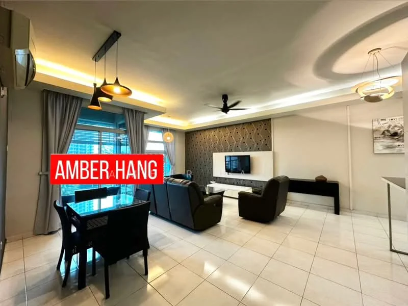 Living features: floor-to-ceiling windows, grey accent wall, white painted walls, recessed downlights, 5-blade ceiling fan, black leather sofa, 2-seater fabric sofa in brown, TV console, wall-mounted TV, dining table with 4 chairs, decorative artwork, ceramic tile flooring; style: modern; view: city.