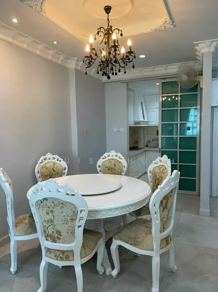 Dining features: round dining table with white finish, 6 upholstered dining chairs with floral pattern, chandelier with multiple bulbs, crown moulding on ceiling, grey painted walls, tile flooring, wall-mounted air conditioning unit, decorative ceiling rose; style: modern.