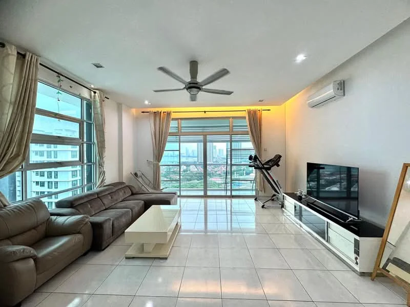 Living features: 3-seater leather sofa in beige, 2-seater leather sofa in beige, coffee table, wall-mounted TV, TV console, floor-to-ceiling windows, curtains, ceiling fan with light, recessed downlights, white walls, glossy tile flooring, decorative mirror; style: modern; view: city.