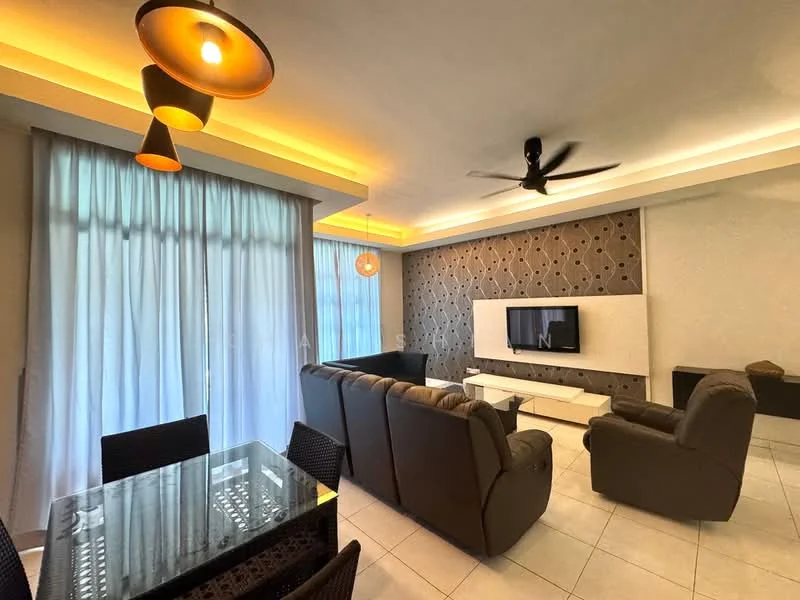 Living features: 3-seater fabric sofa in grey, 2-seater fabric sofa in grey, coffee table, wall-mounted TV, TV console, ceiling fan, recessed LED downlights, pendant light, white painted walls, tile flooring, floor-to-ceiling windows with sheer curtains, decorative wall with textured pattern, area rug; style: modern. Dining features: glass dining table, 4 black wicker dining chairs; style: modern.