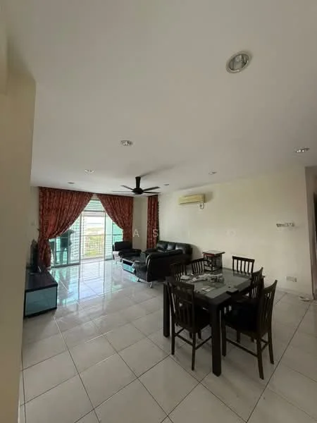 Living features: white painted walls, polished ceramic tile flooring, 5-blade ceiling fan with light, floor-to-ceiling windows, sliding glass door, red patterned curtains, black leather sofa, glass coffee table, TV console, dining table with 4 chairs, air conditioning unit; style: modern; view: city.