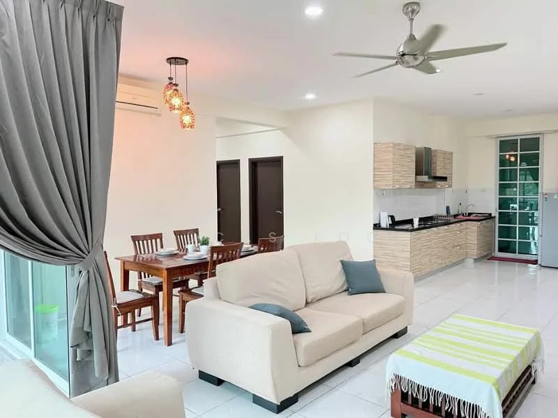 Living features: 3-seater fabric sofa in beige, coffee table with green and white throw, ceiling fan with light, floor-to-ceiling windows with sheer curtains, white tiled flooring, decorative throw pillows, area rug, wall-mounted TV, dining area visible in background; style: modern; view: garden. Dining features: 6-seater wooden dining table, wooden dining chairs, white walls, natural light from windows; style: modern; view: garden. Kitchen features: black countertop, wood cabinetry, stainless-steel sink, built-in stove, microwave, refrigerator, white tiled backsplash; style: modern.