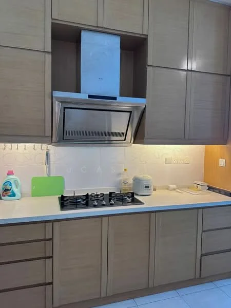 Kitchen features: light wood cabinetry, white countertop, stainless-steel range hood, 4-burner gas hob, built-in oven, white backsplash, kitchen sink, dishwasher, wall-mounted storage rack, under-cabinet lighting; style: modern.