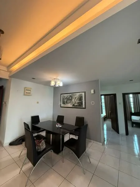 Dining features: square dining table, black dining chairs, white tiled flooring, grey painted walls, recessed ceiling lights, chandelier, wall-mounted air conditioning unit, framed artwork, open layout to adjacent rooms; style: modern. Room features: white tiled flooring, grey painted walls, doorway to adjacent rooms.