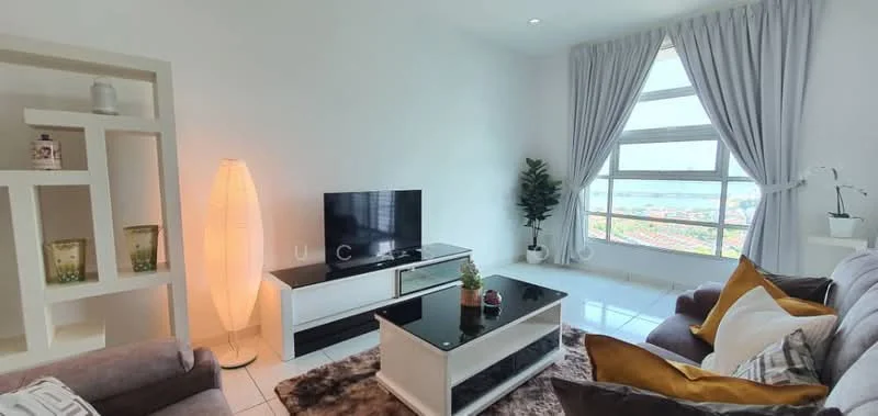 Living features: grey fabric 3-seater sofa, white coffee table with black top, decorative area rug, floor lamp, wall-mounted TV, white shelving unit, large windows with city view, curtains in light grey, indoor plant in pot, decorative cushions in various colors; style: modern; view: city.
